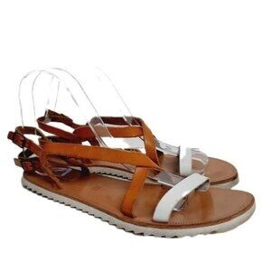 JOIE a la Plage Socoa Leather Sandal Flats Tan & White Sz  Eur 39 | US 8.5 - 9